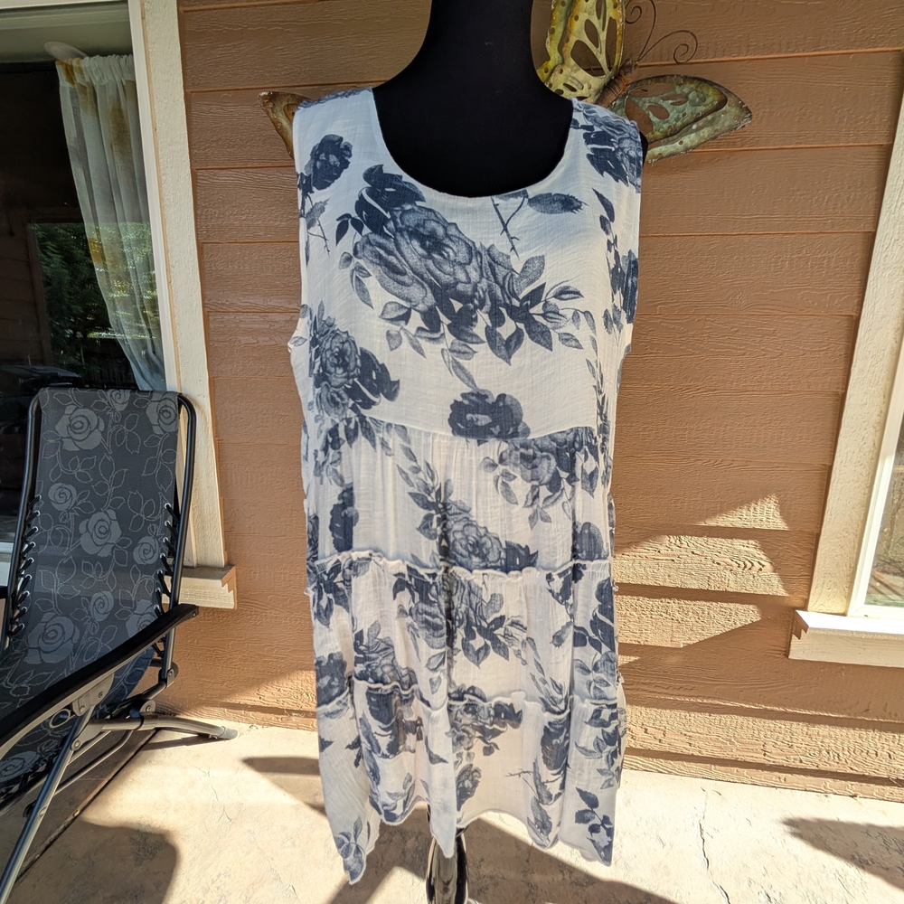 Paisley Vine Floral Sleeveless Tunic Top or Dress- Blue and White
